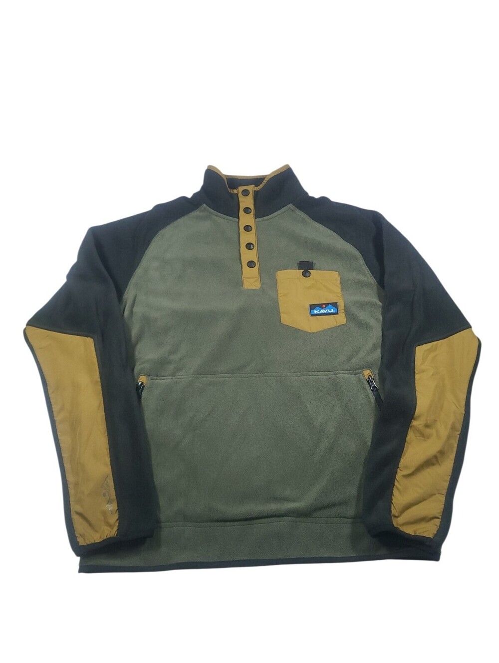 KAVU Teannaway Fleece Pullover Men's S Green Black Snap Neck Outdoor Hiking